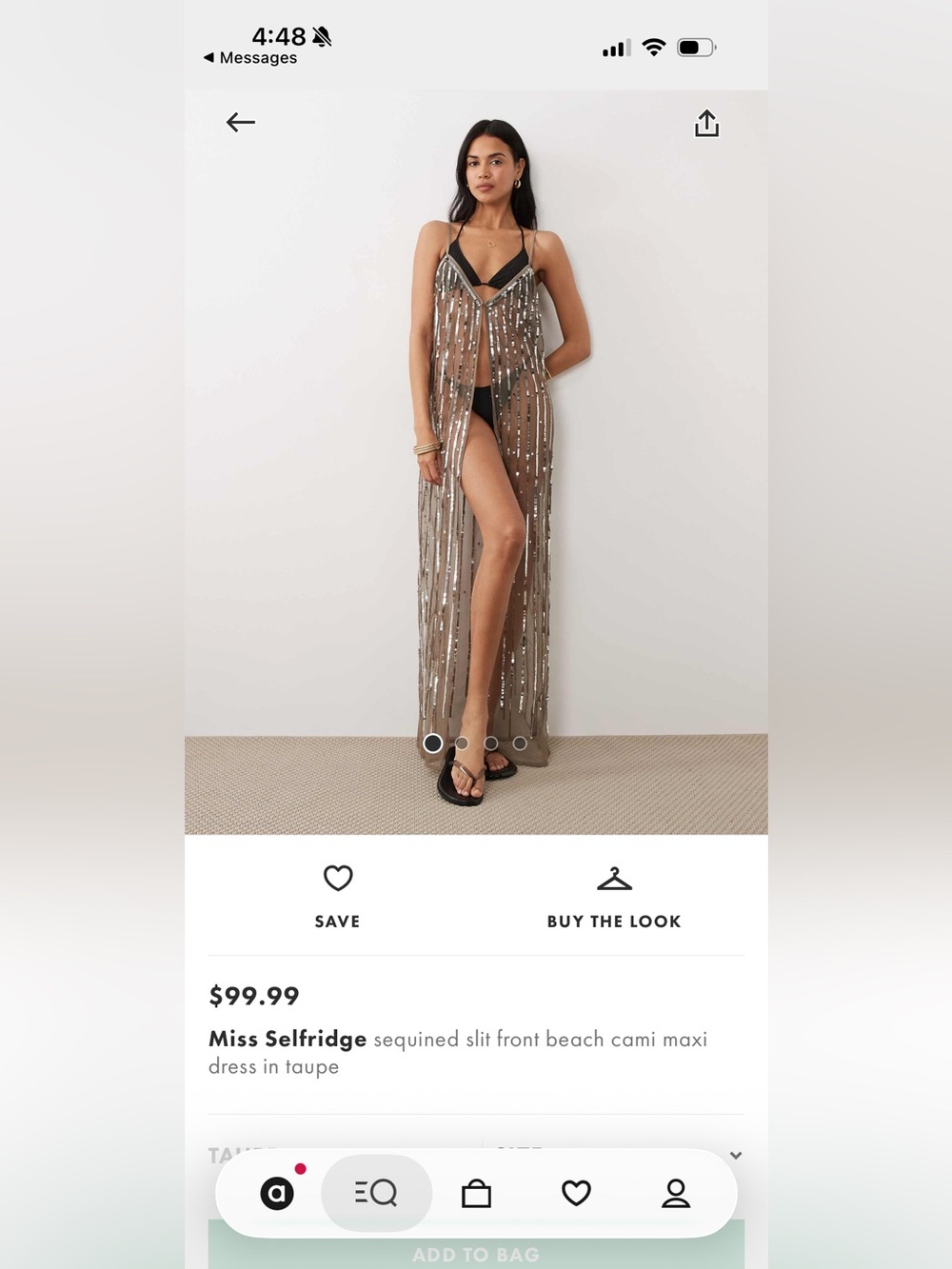 Miss Selfridge sequined slit front beach cami maxi dress in taupe